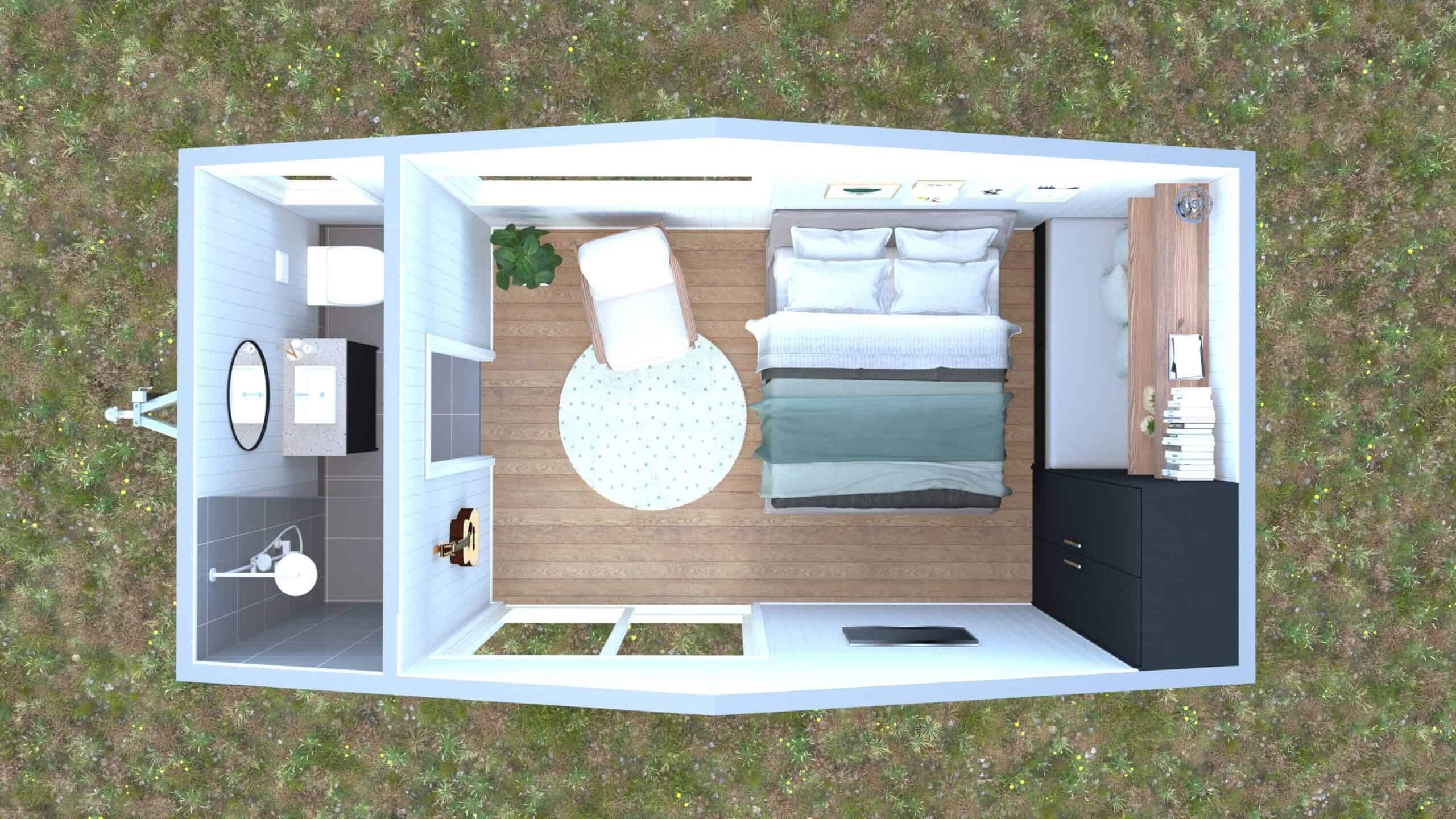 Cutaway top-view render of the Cub tiny house floor plan showing the ensuite bathroom with shower and vanity at one end, and the main room with double bed, wardrobe, armchair, and glass doors