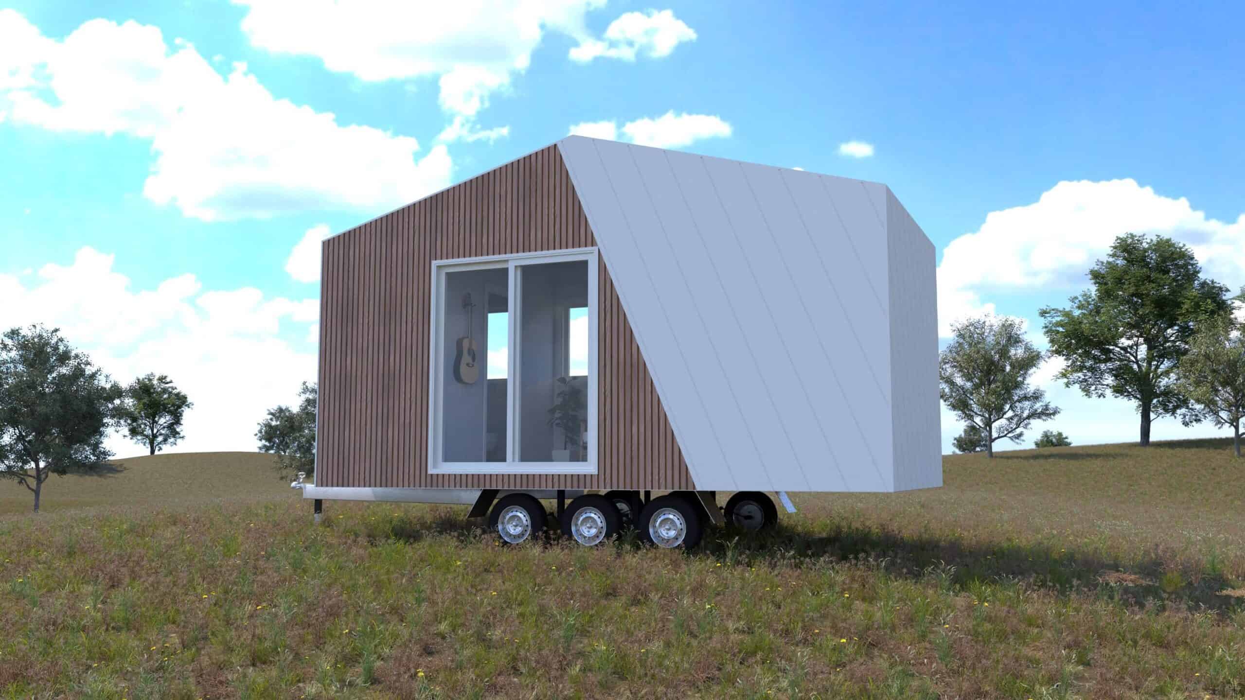 Side elevation render of the Cub tiny house showing the full-height sliding glass window, timber-look cladding, white angled end panel, and triple-axle trailer with drawbar