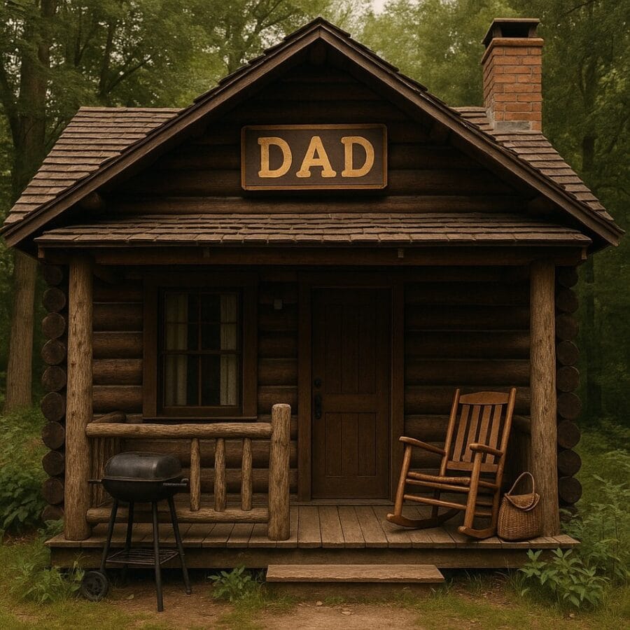 Small wooden cabin with a "DAD" sign, rocking chair, and grill, set in a lush forest for a cozy outd.