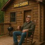 Happy man relaxing on porch of tiny cabin with "Dad Cabin" sign, celebrating Father's Day.