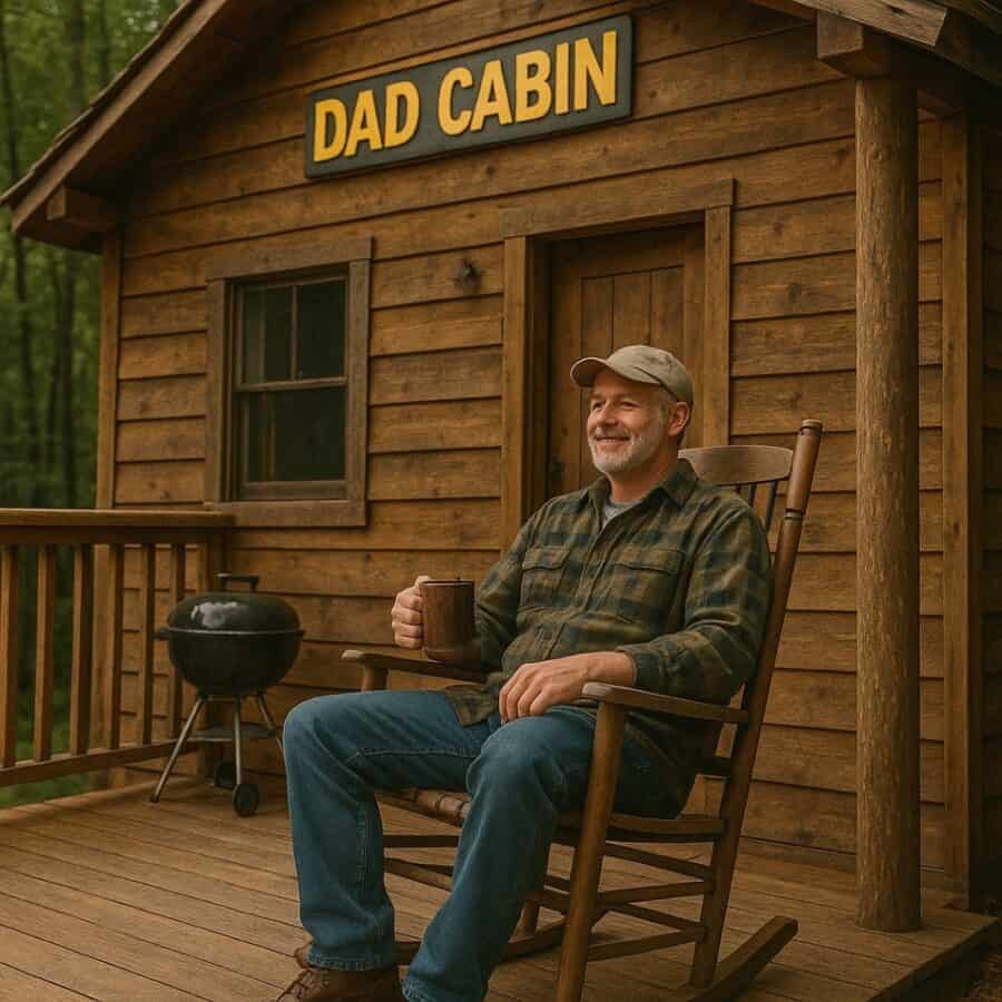 Happy man relaxing on porch of tiny cabin with "Dad Cabin" sign, celebrating Father's Day.