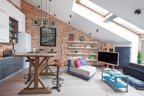Loft Living Room with Brick Walls and Skylights
