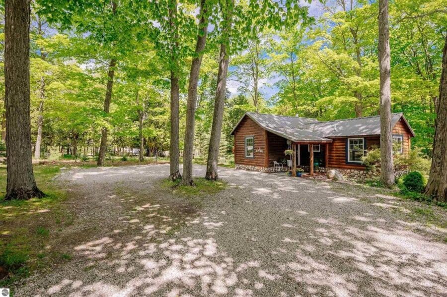 Rustic log cabin surrounded by lush green trees in a peaceful forest setting.