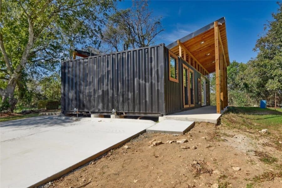 Shipping container tiny house in Brenham, Texas, showcasing modern small space living.