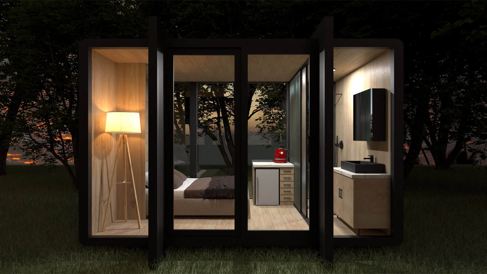 Elsewhere Pods 4m Micro Home at dusk configured with a double bed as a guest suite