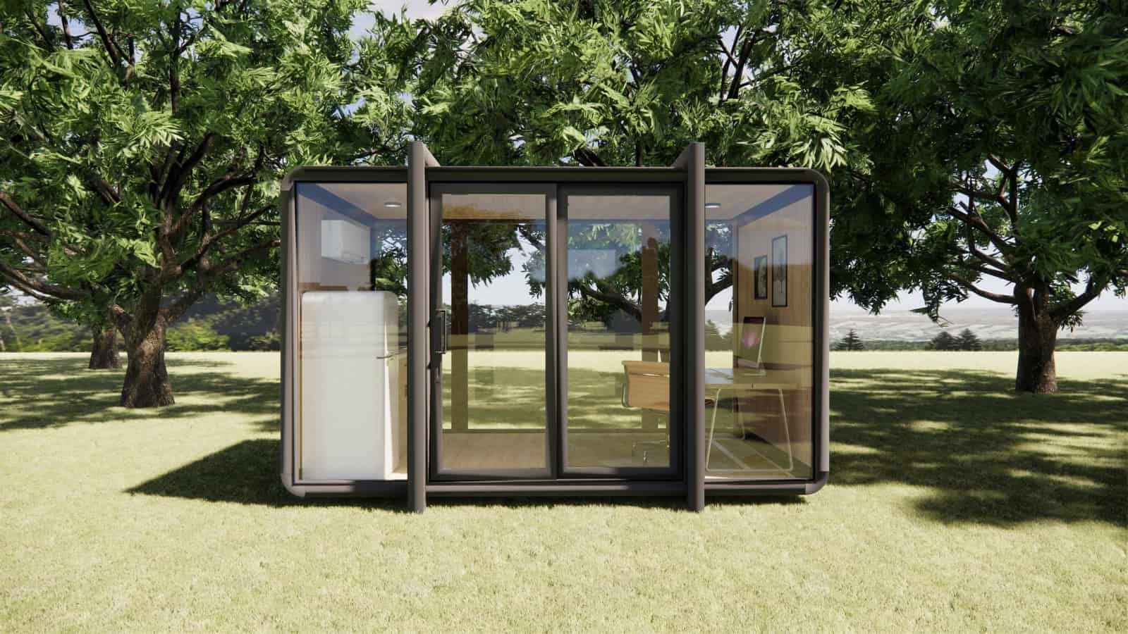 Elsewhere Pods 4m Micro Home exterior with full-height glazing and sliding door