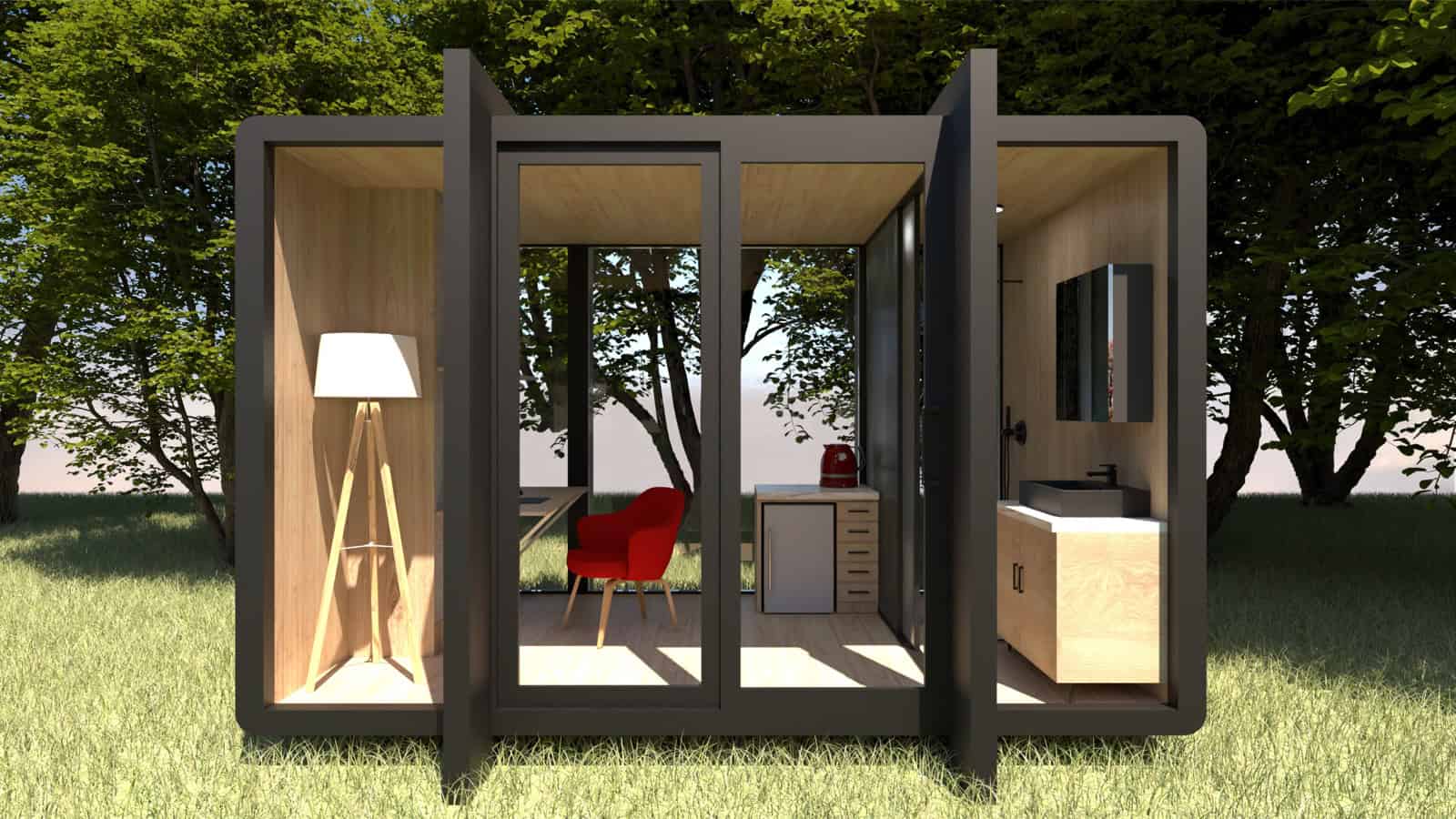 Cutaway view of the Elsewhere Pods 4m Micro Home showing living space, kitchenette, and end bathroom