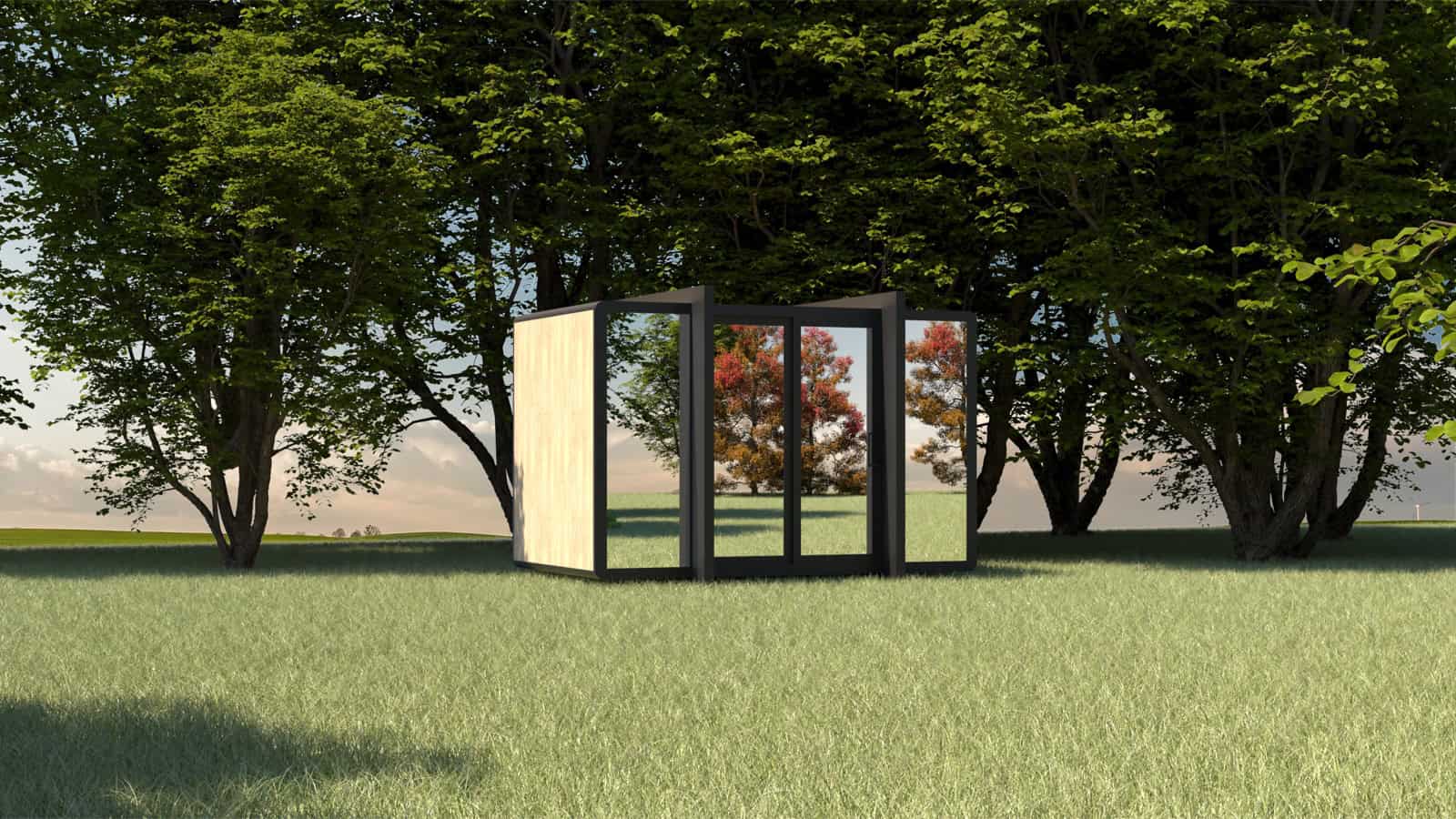 Elsewhere Pods micro home with timber-clad side wall in a grassy meadow setting