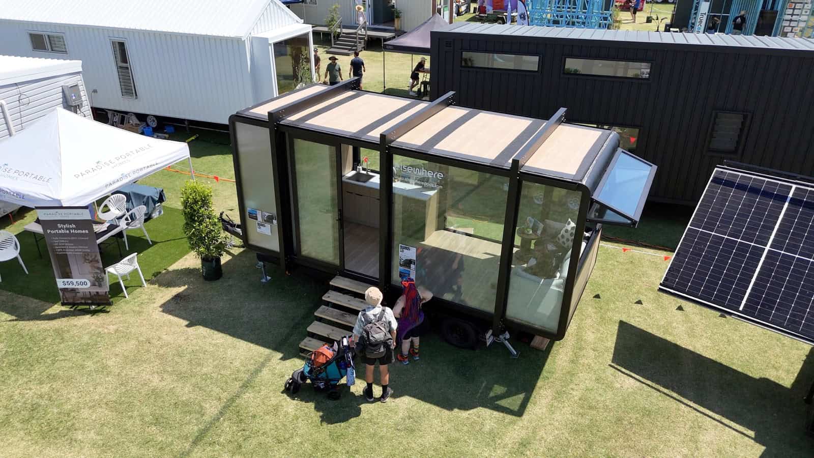 Aerial view of the Elsewhere Pods 6m Tiny Home with the bedhead bifold window propped open