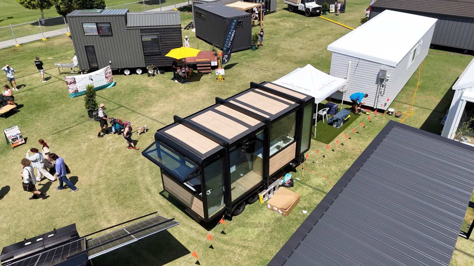 Overhead view of the Elsewhere Pods 6m Tiny Home showing the ribbed roof and trailer chassis