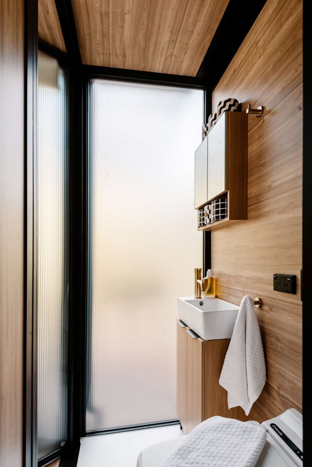 Ensuite with translucent fluted polycarbonate wall, timber vanity, brass tapware, and mirrored cabinet