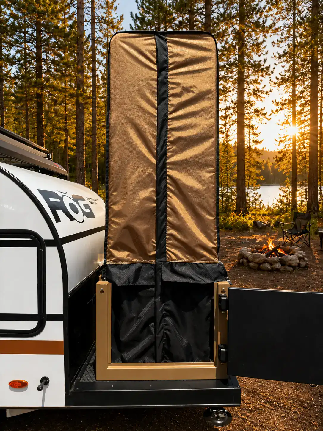 The folded powder-coated aluminum stand-up bathroom module on the Encore RV ROG 12RK-FB