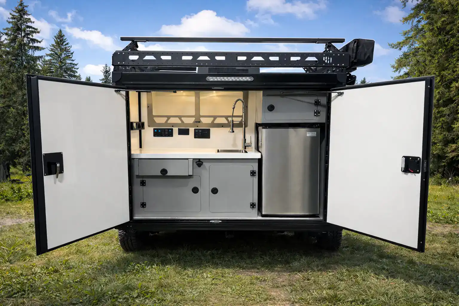 The rear outdoor kitchen on the Encore RV ROG 12RK-FB with solid-surface counters and sink