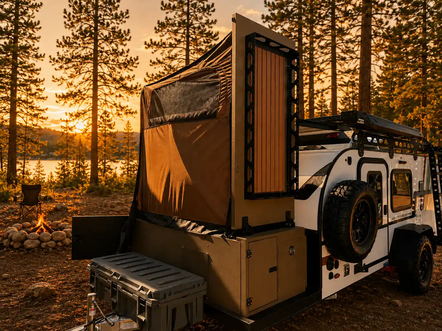 Encore RV ROG 12RK-FB camped lakeside at sunset with bathroom module and roof rack deployed