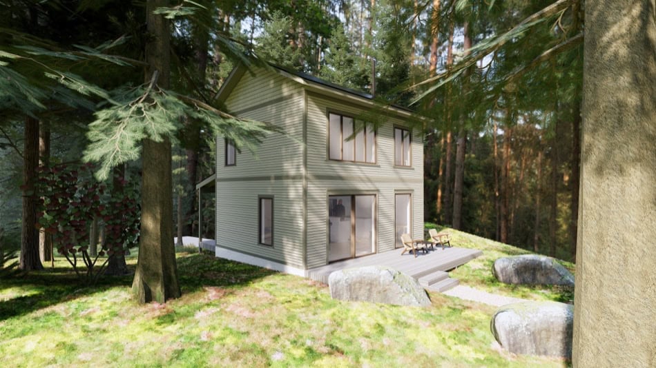 Tiny House in Forest Setting with modern design and eco-friendly features.