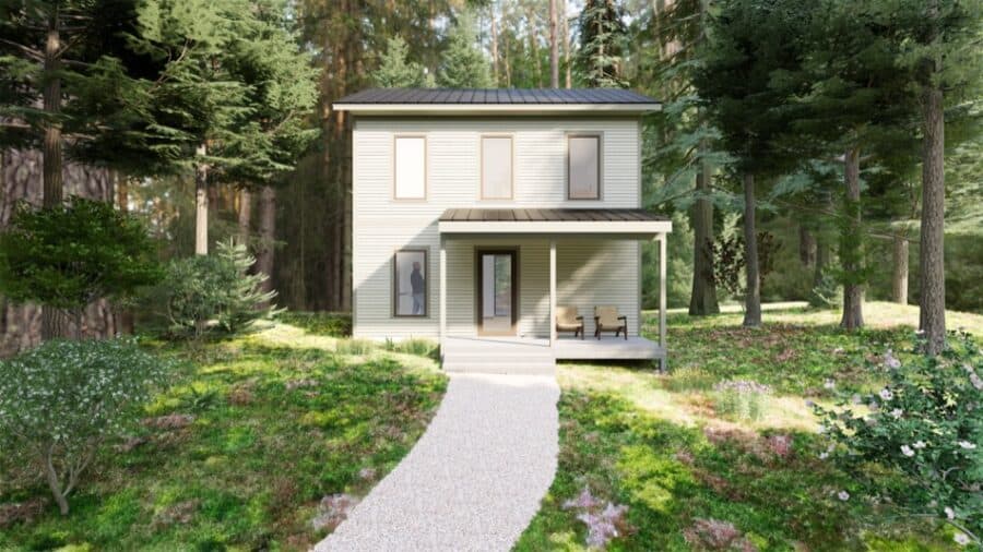 Small forest-ready tiny house with modern design and porch.