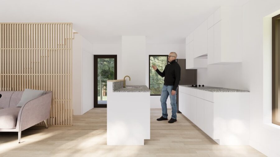 Bright, minimalist tiny kitchen with white cabinets and natural light.