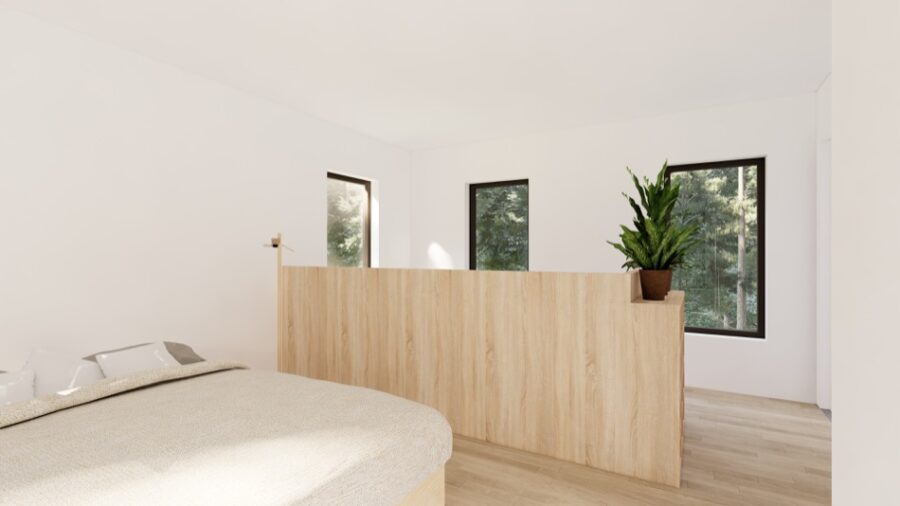 Bright interior of a tiny home with minimalist design and large windows.
