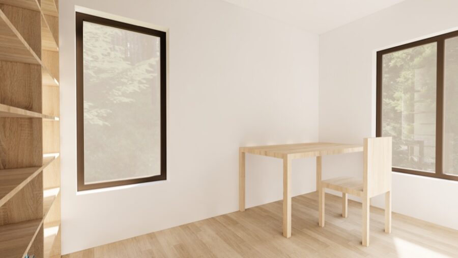 Bright, minimalist tiny home with large windows and natural wood furnishings.