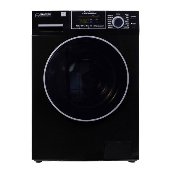 Compact black washing machine ideal for small homes and tiny house living.