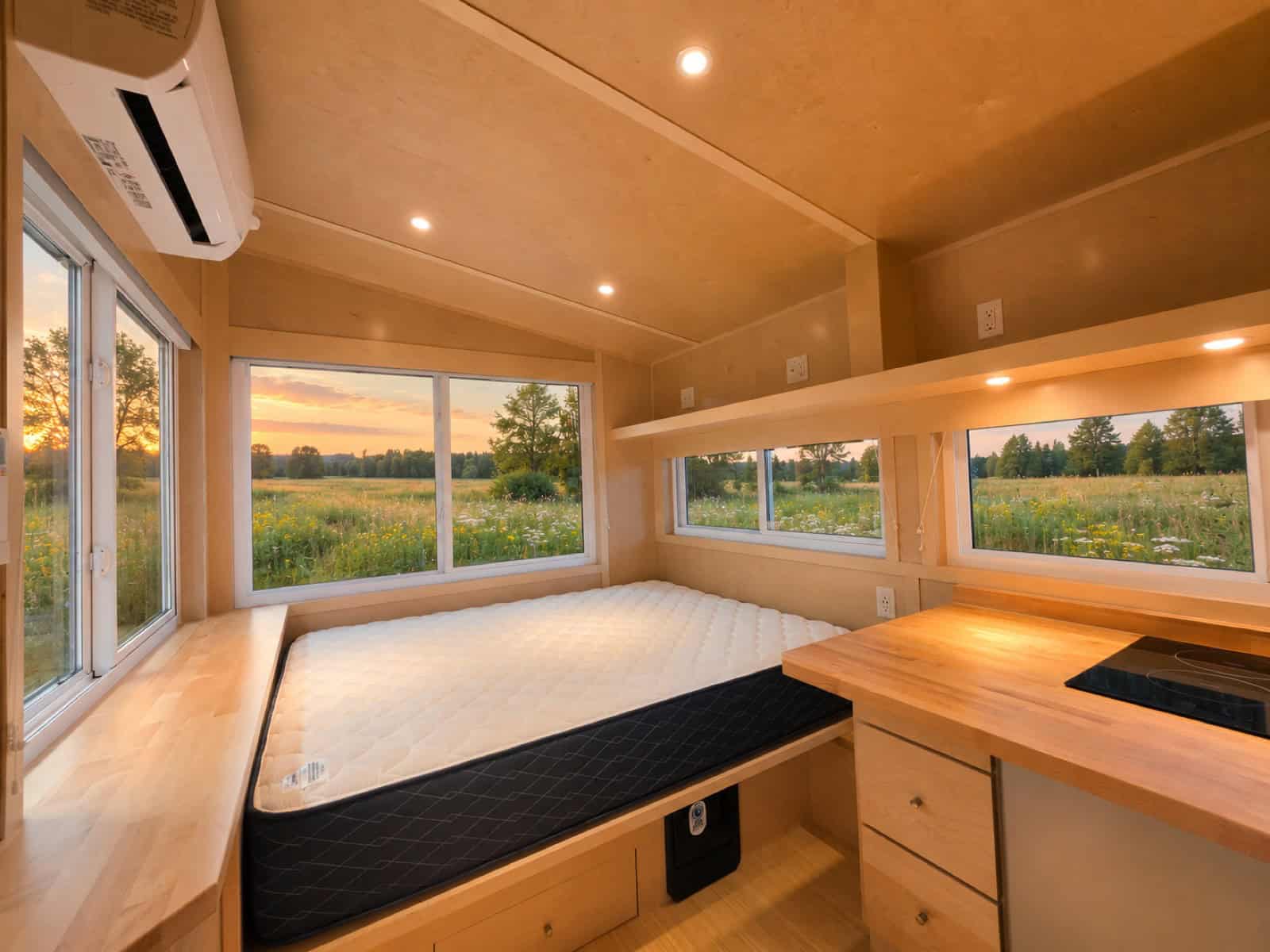 Interior of the Escape eBoho GO with a built-in queen bed under wraparound windows