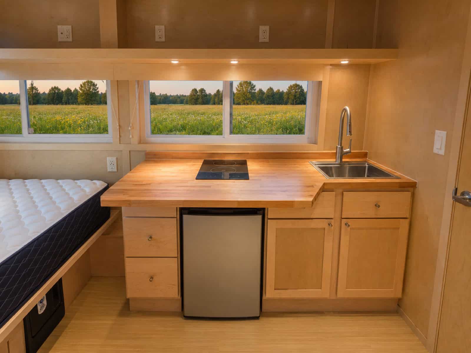 Butcher block work and kitchen counter in the Escape eBoho GO with induction cooktop and under-counter fridge