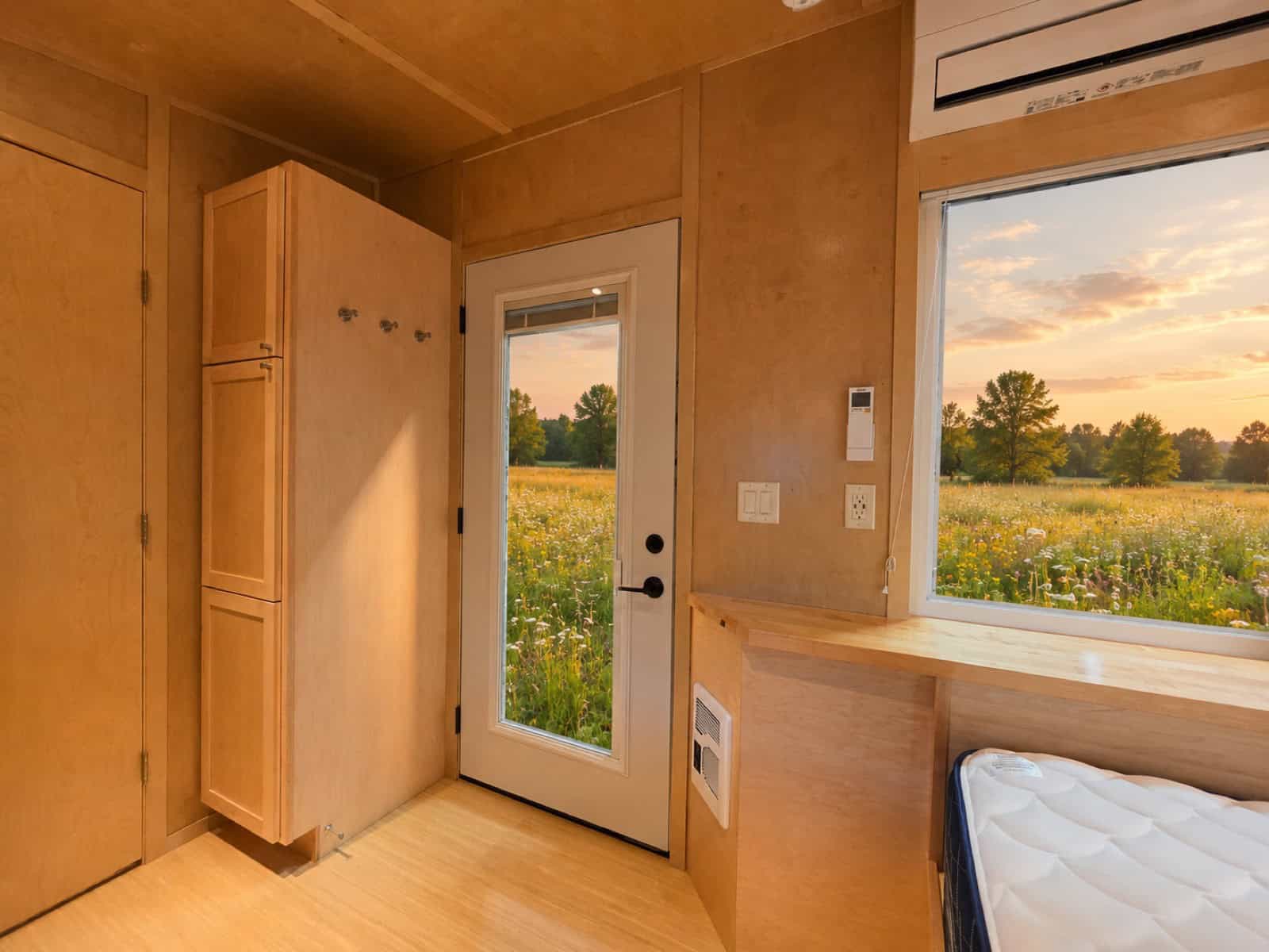 Entry of the Escape eBoho GO with a tall storage closet, coat hooks and mini-split heat pump