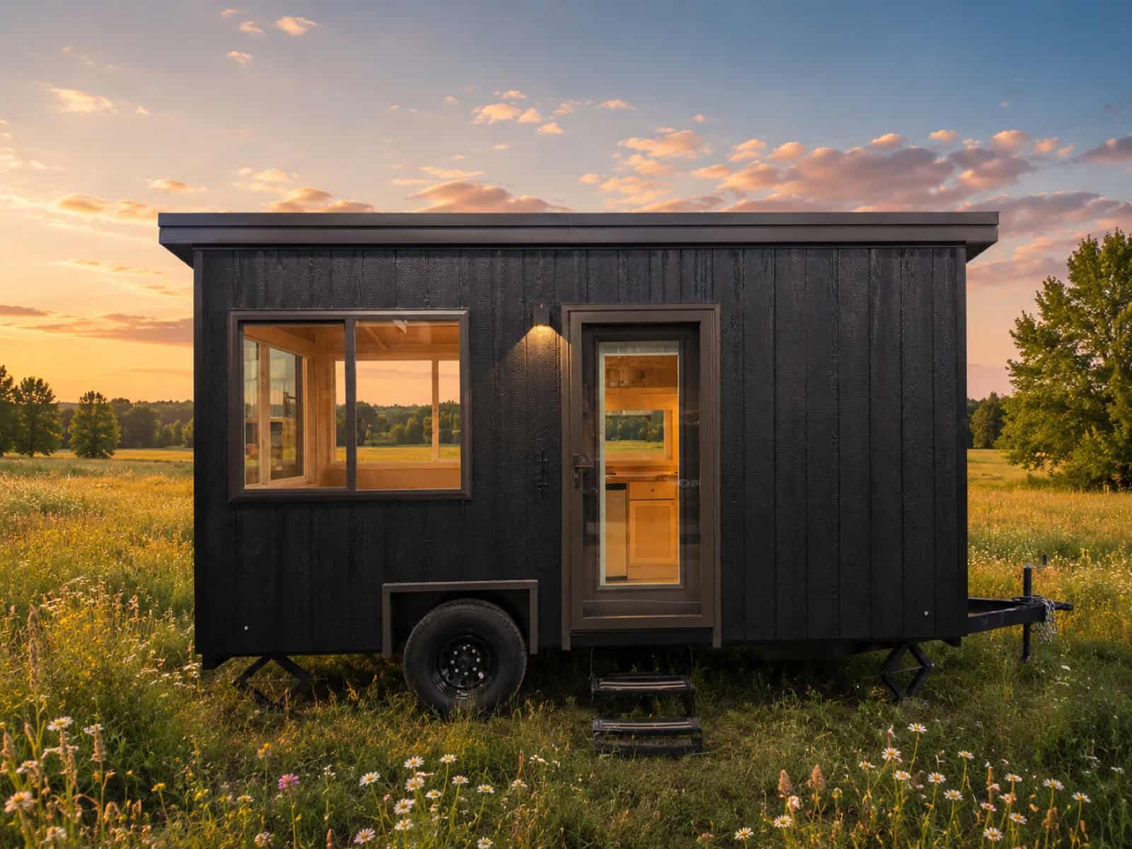 Escape eBoho GO tiny house with black charred wood siding parked in a meadow at sunset