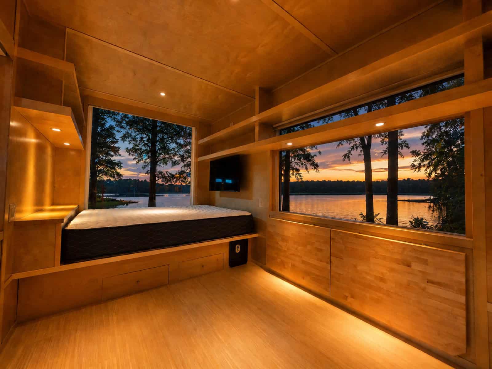 Built-in bed with storage drawers, LED shelving and Smart TV in the Escape eVista