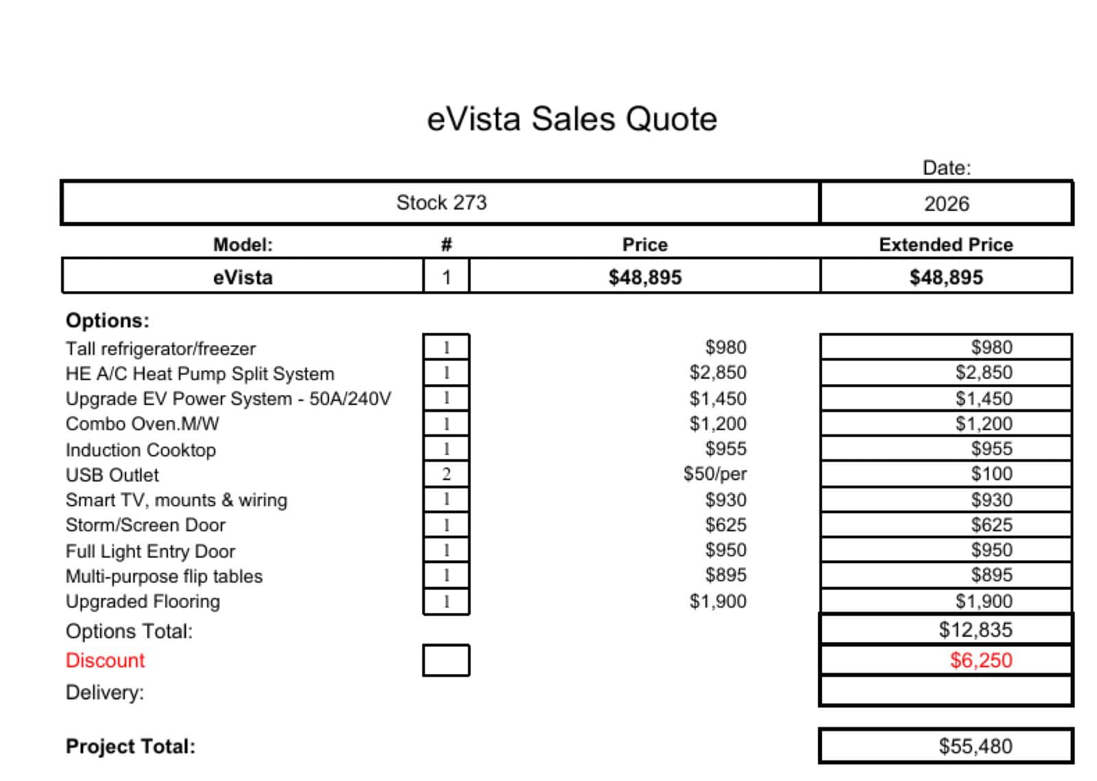 Escape eVista Stock 273 sales quote showing base price, options and discount totaling $55,480