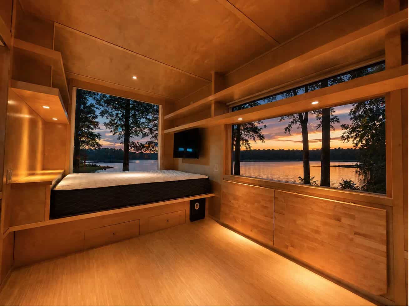 Built-in window bed in the Escape eVista tiny house with picture windows overlooking a lake