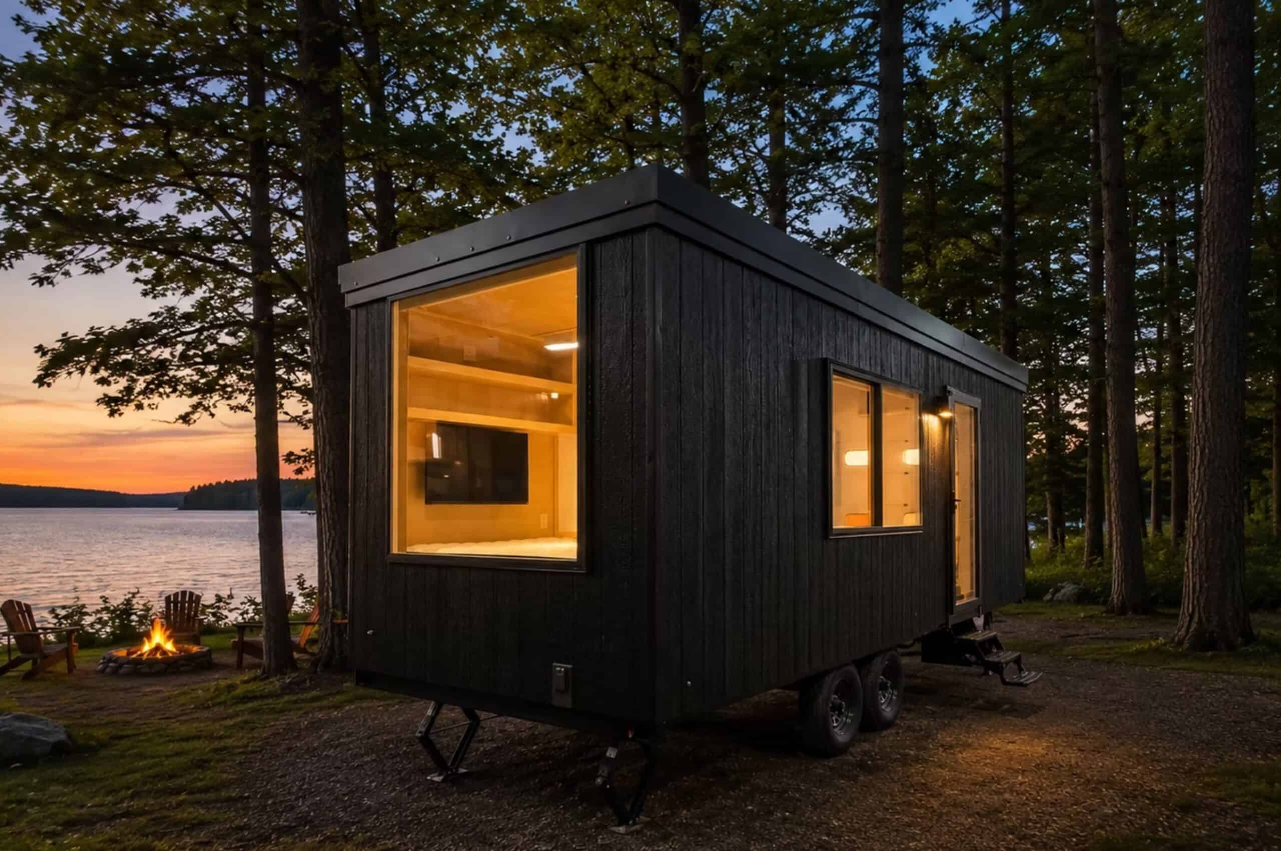 Escape eVista modern black tiny house for sale by a lake at dusk with fire pit
