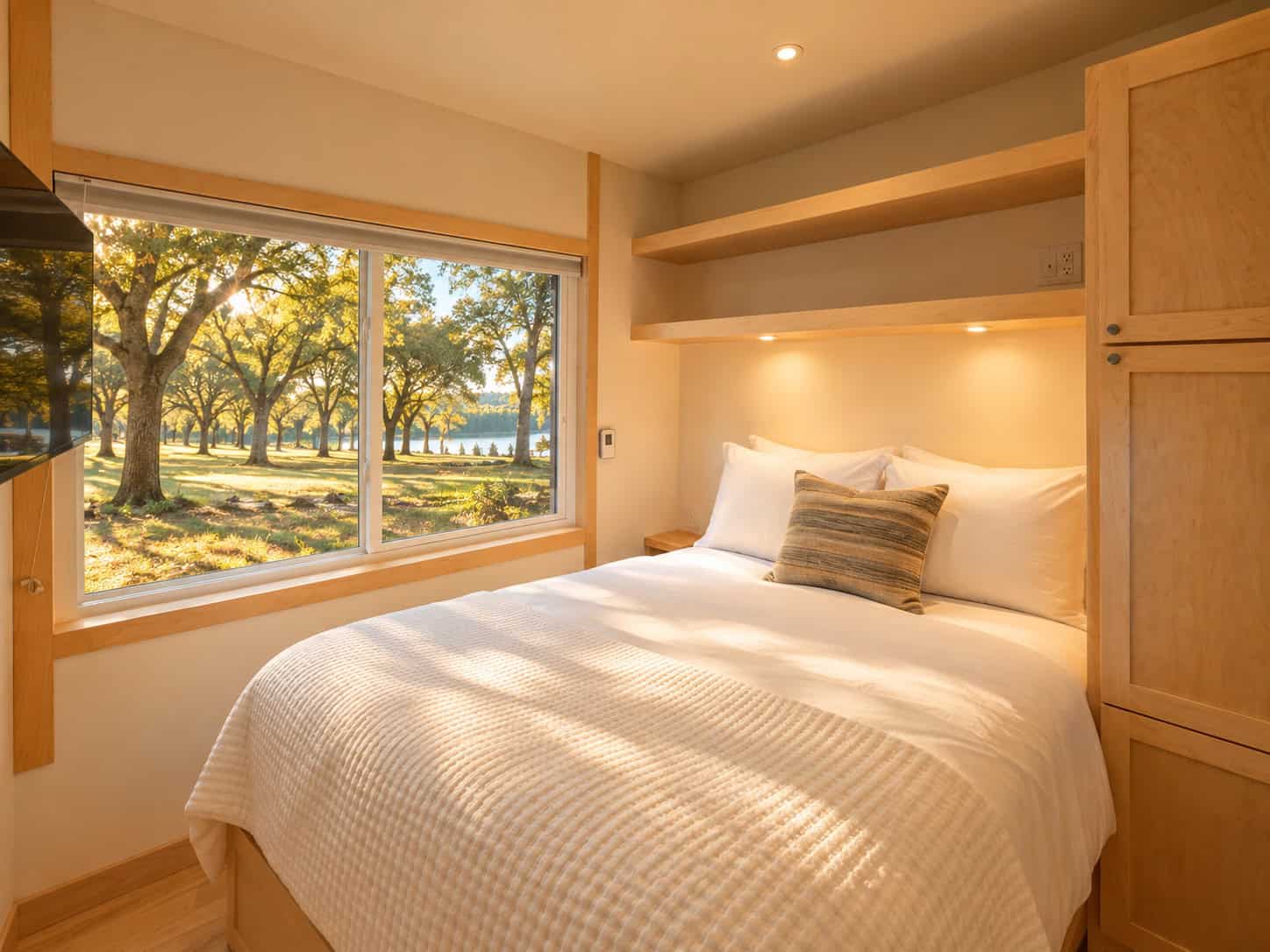 Main-floor bedroom in the eVista XL Limited with a queen bed, picture window, and built-in maple storage