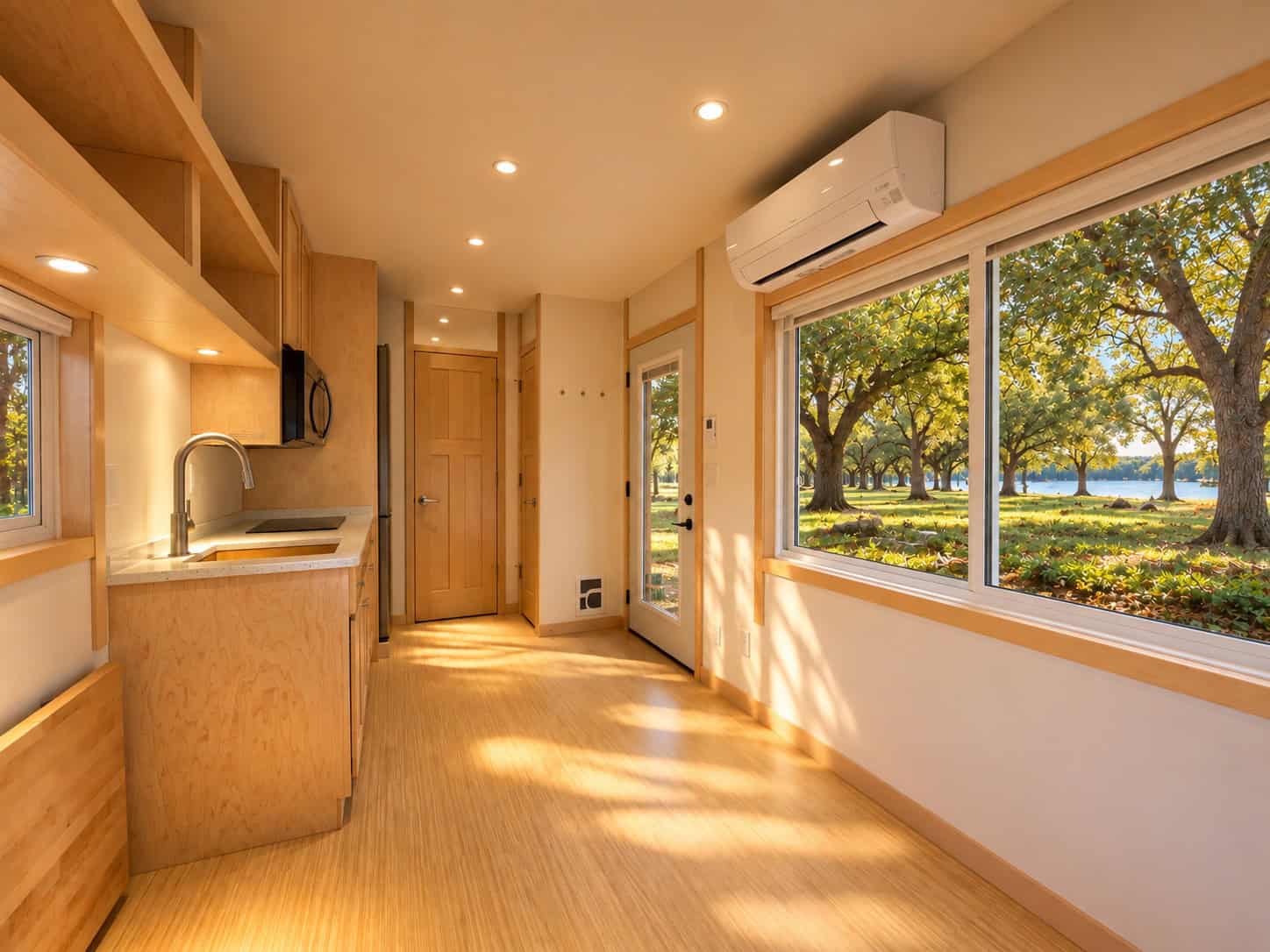 Living area of the eVista XL Limited with large windows, mini-split heat pump, and kitchen along the opposite wall