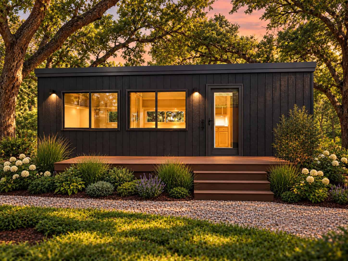 Escape eVista XL Limited tiny house set up with a wood deck, steps, and landscaping at sunset