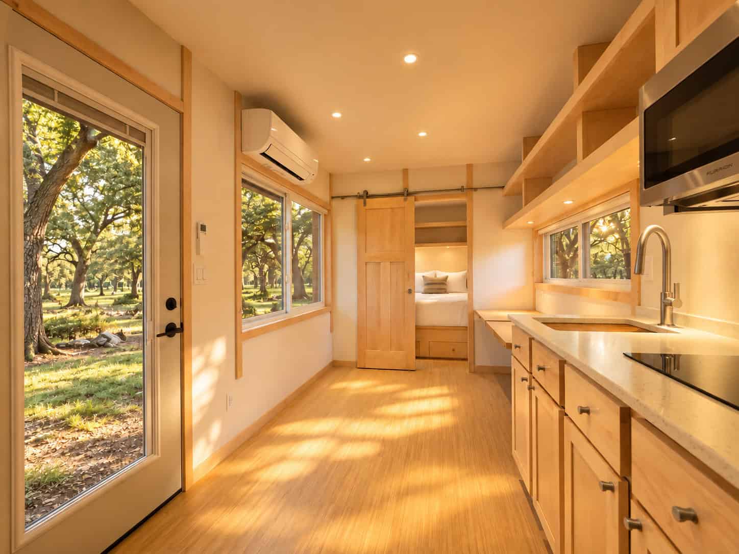 Interior of the eVista XL Limited looking from the entry door past the kitchen toward the bedroom barn door