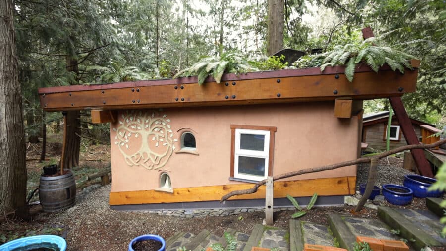 Wobbly Hobbit tiny house with cob and timber construction and green roof in forest setting.