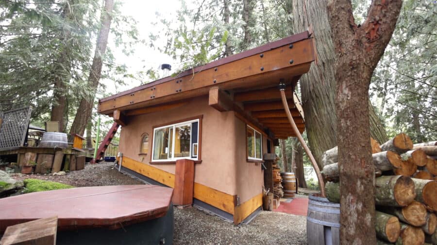Unique pentagon-shaped tiny house with green roof and timber accents in a wooded setting.