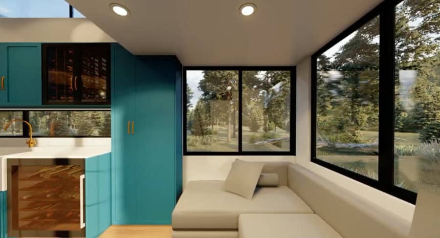 Cozy tiny house interior featuring large windows and modern decor for small space living.
