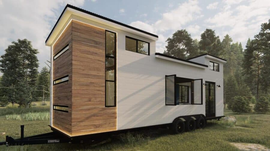 Tiny House on Wheels with Modern Design and Large Windows.