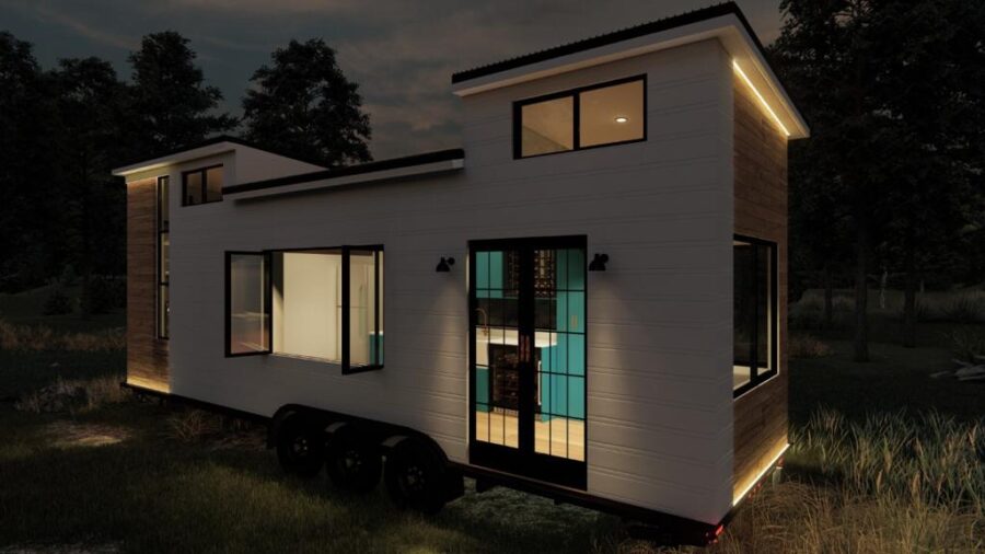Bright, modern tiny house with large windows and sleek design.