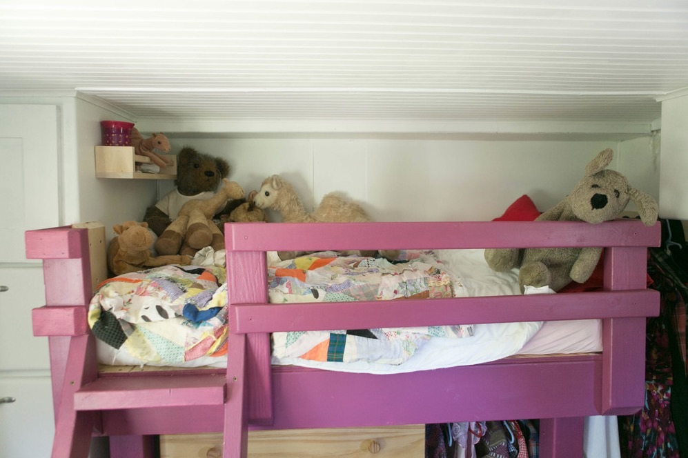 Shelving and display areas showing the family's personal style and collected items