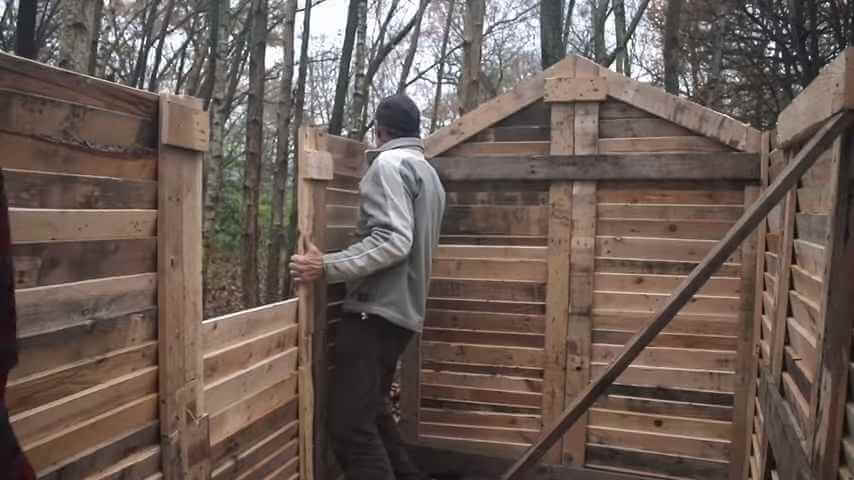 Father and Son Build Off-grid Tiny Cabin using FREE Pallet Wood via TA Outdoors 007