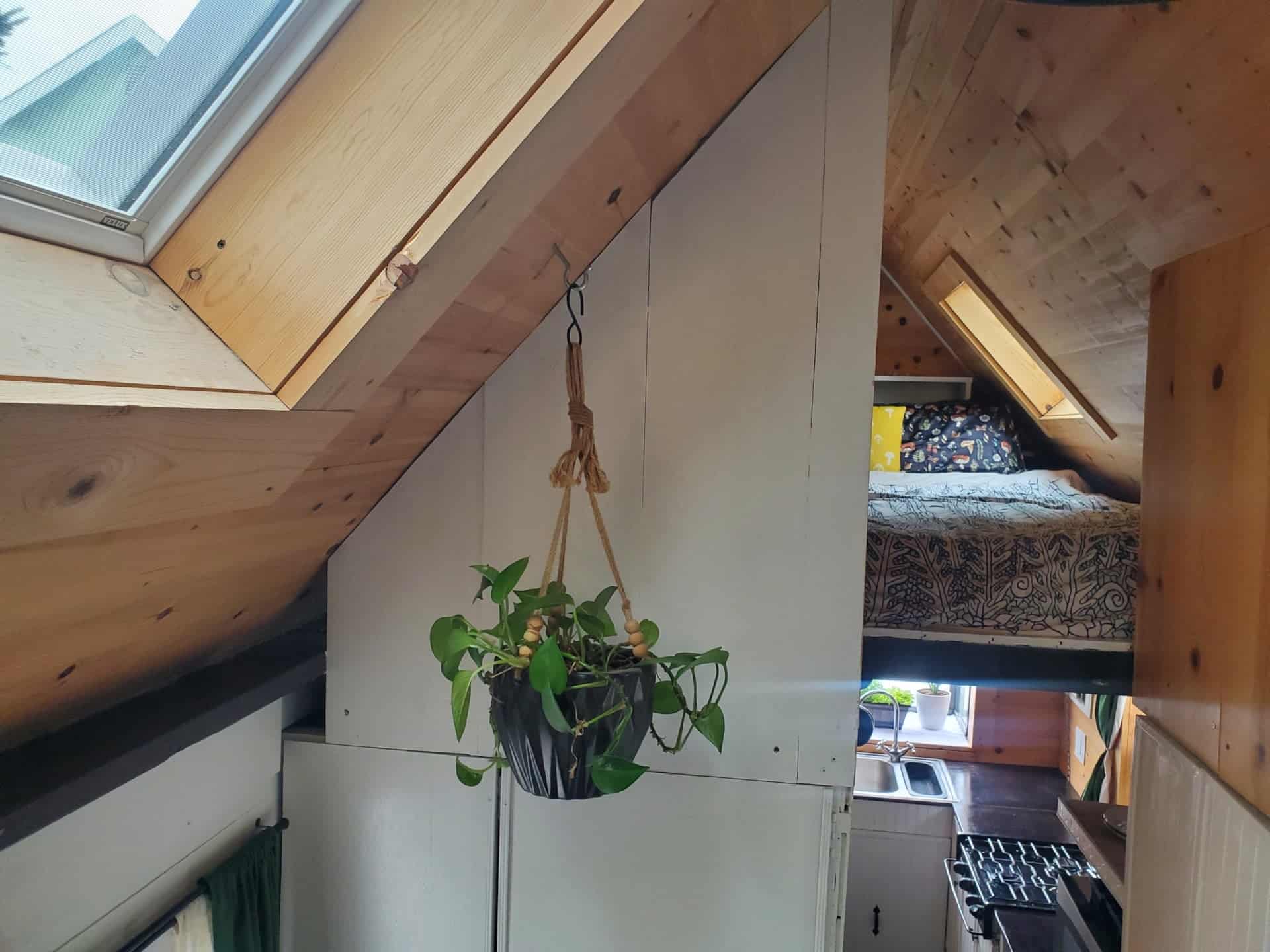 View from the loft down into the kitchen with a Velux opening skylight overhead and hanging plant