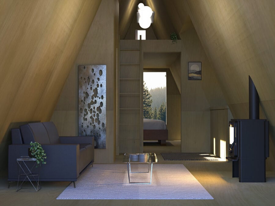 Charming tiny A-Frame house interior with modern furnishings and a lofted sleeping area. Perfect for.