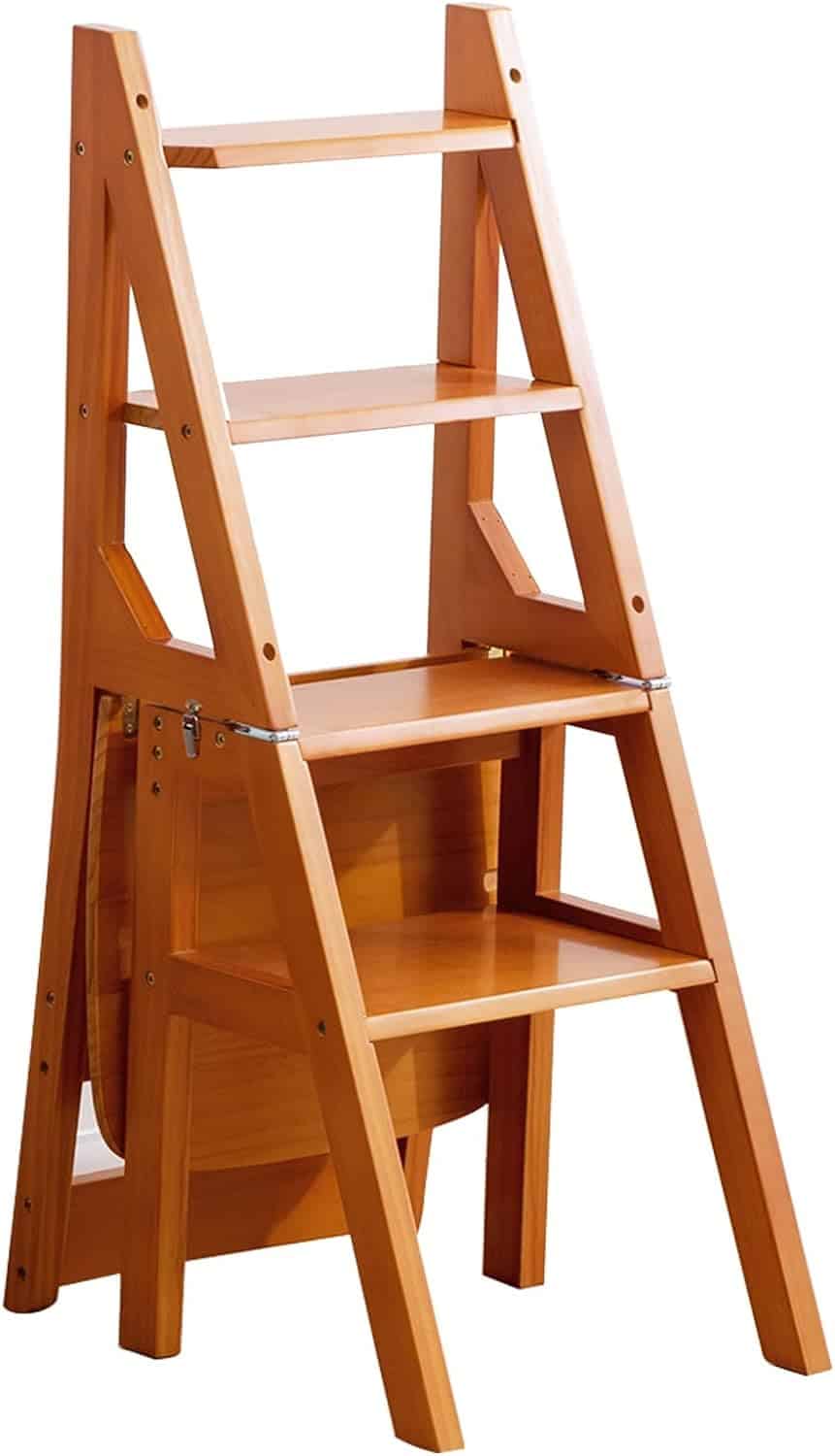 Multi-purpose chair and ladder for tiny house lofts, space-saving furniture solution.