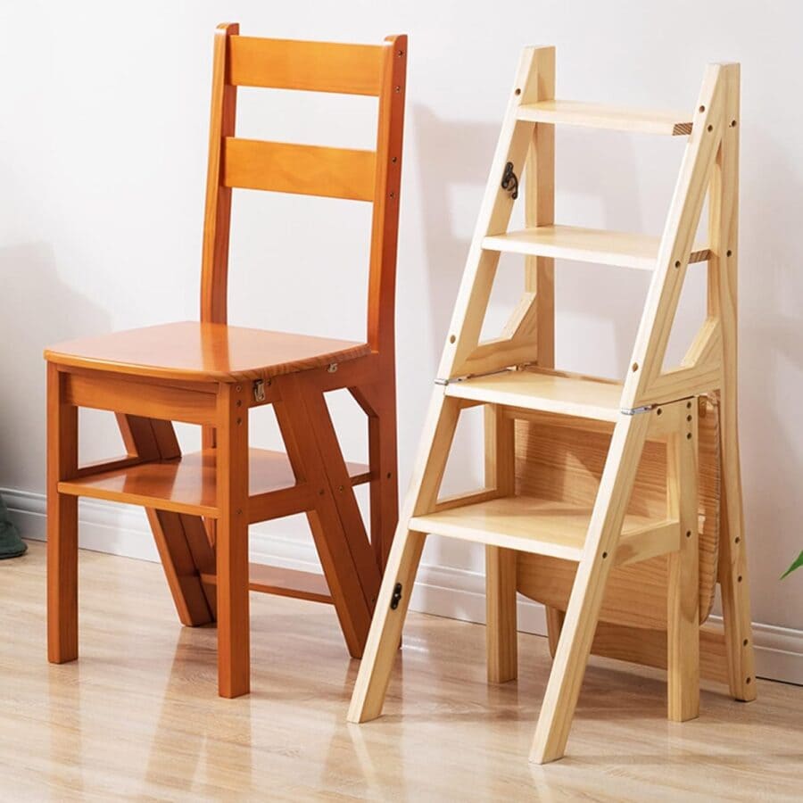Multi-functional chair and ladder for tiny house lofts, combining seating and access in space-saving.
