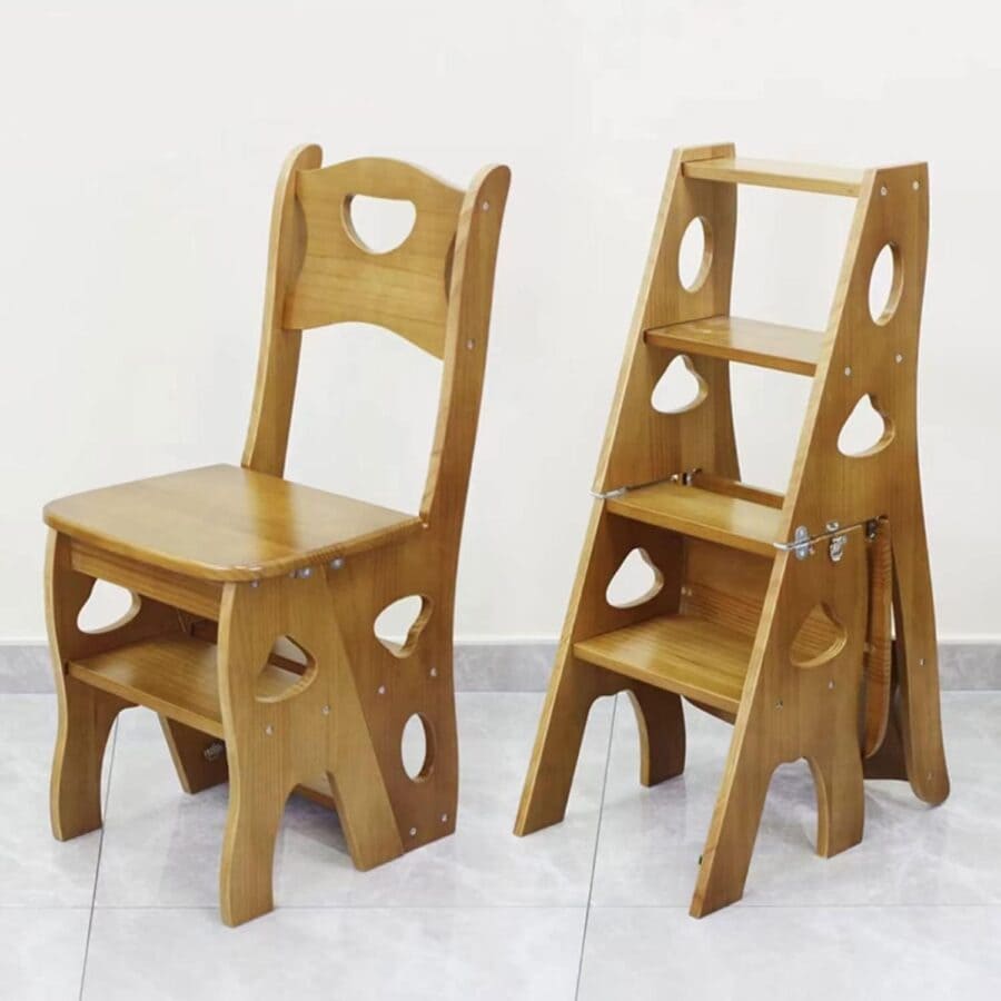 Wooden chair with integrated ladder for small space living.