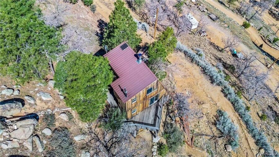 Aerial view of a tiny house nestled among trees with mountain scenery in the background.