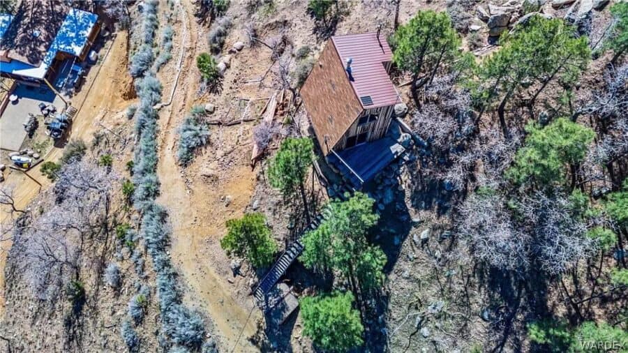 Aerial view of a tiny cabin nestled among trees with mountain scenery in the background.